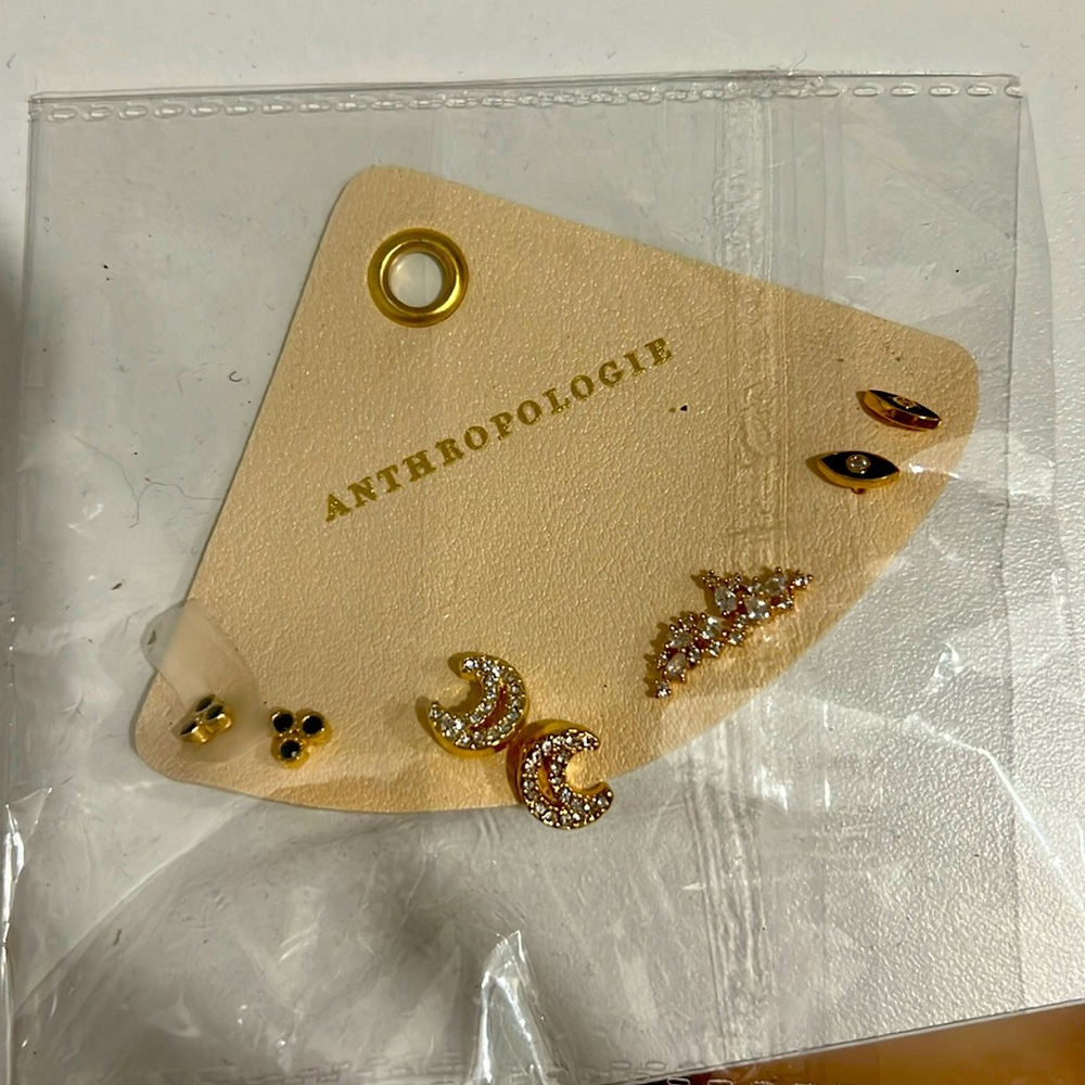 Anthropologie Womens Jewelry Stud Earrings Gold Plated Brass Set of 4